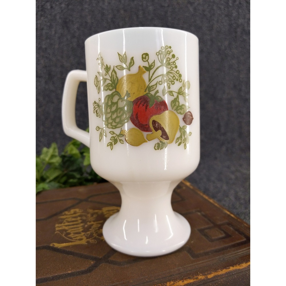 Vintage‎ Milk Glass Footed Mug White Artichoke Mushroom Pomegranate Pedestal Cup